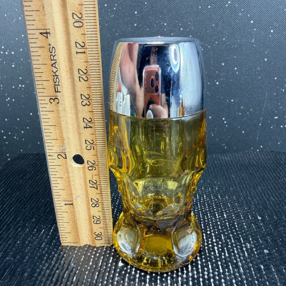 Anchor Hocking Amber Glass Salt and Pepper Shakers Chrome Tops Mid Century